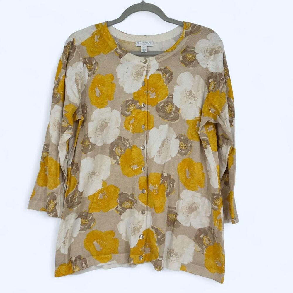 Charter Club Yellow Beige Floral Print Crewneck Button Up Cardigan Sweater Size